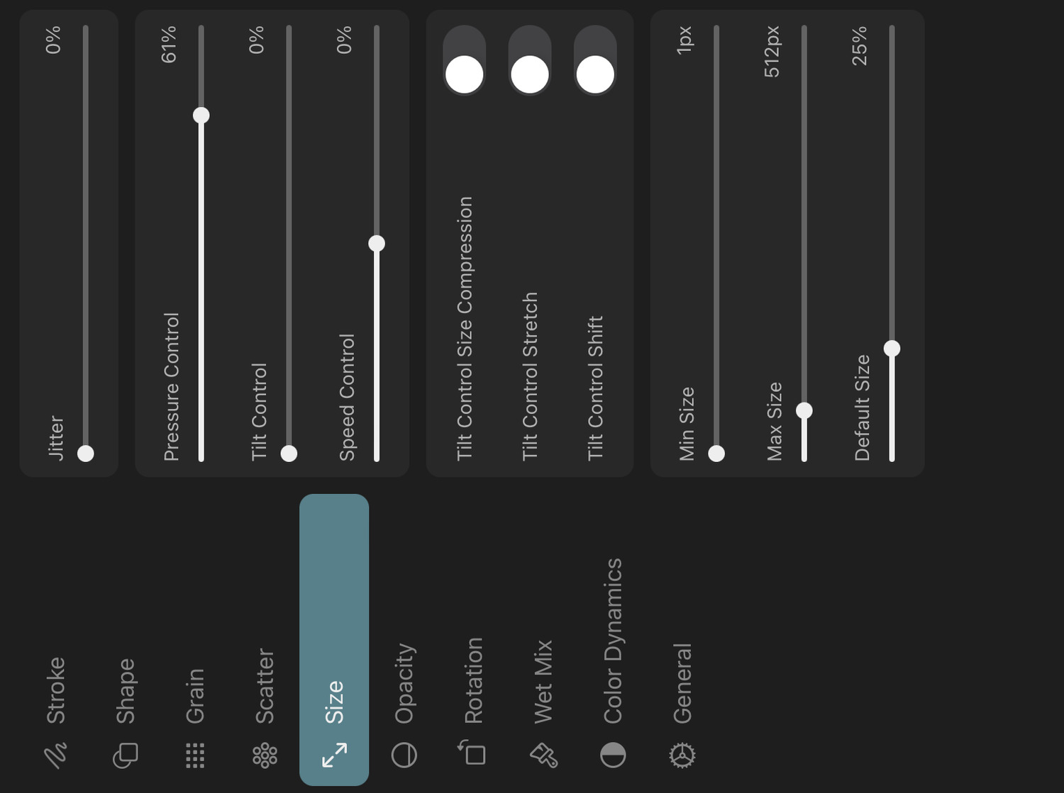 Size settings tab