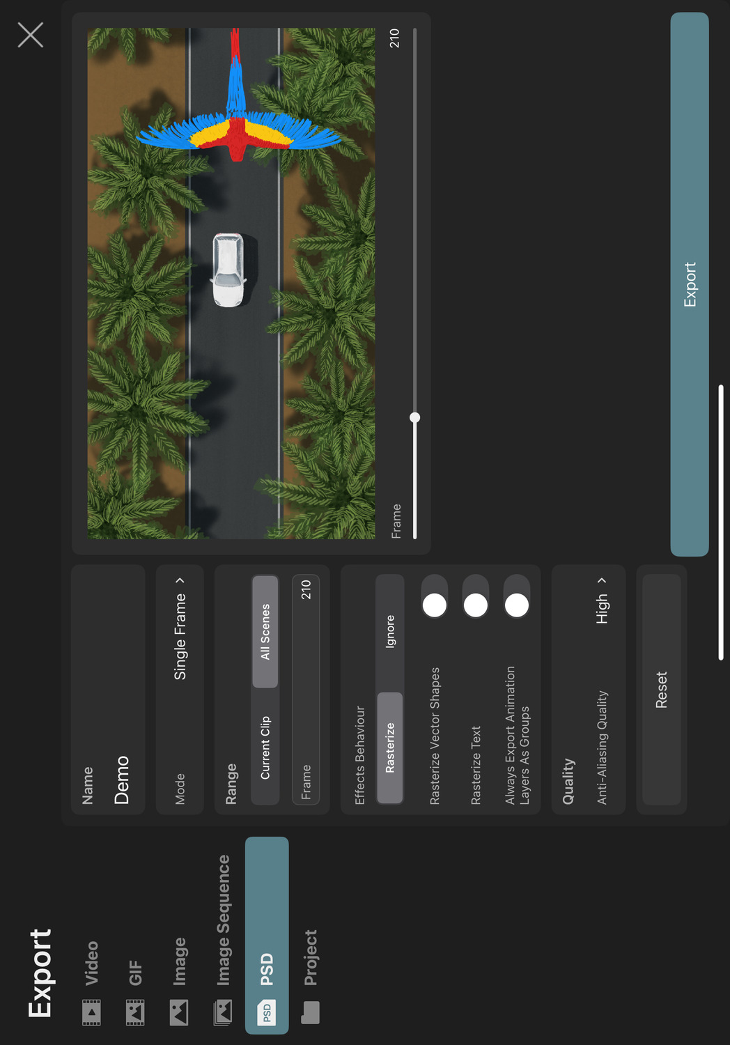 PSD export screen