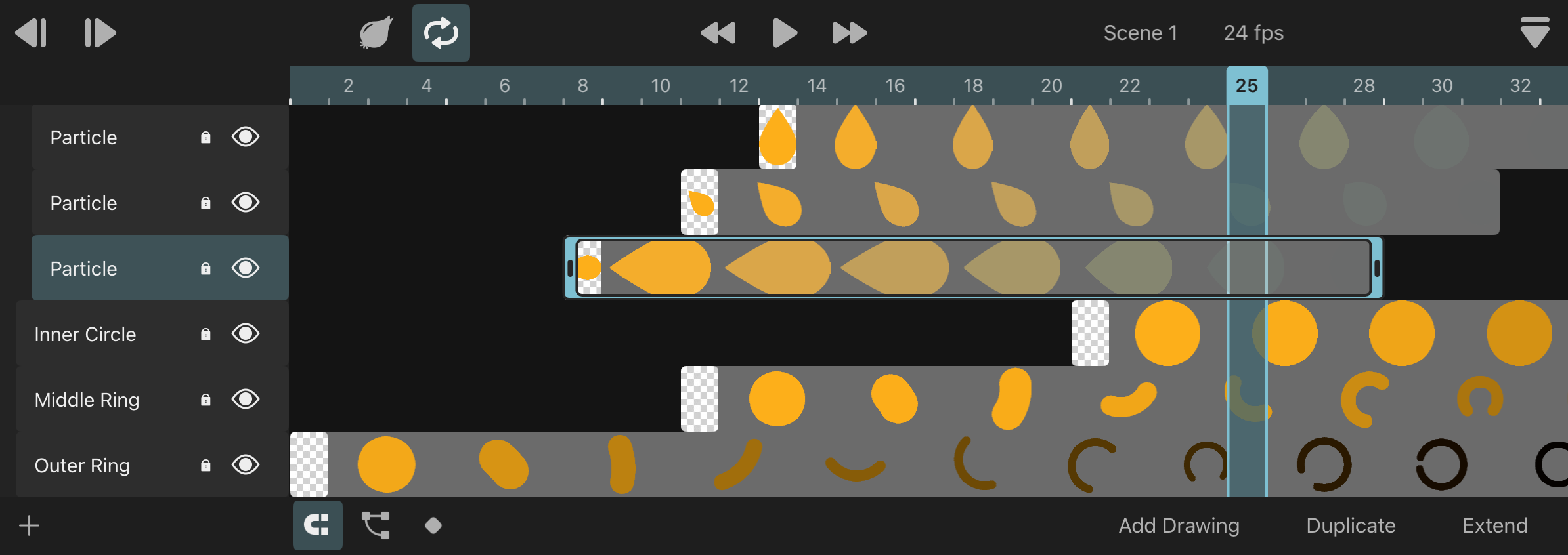 animation timeline with layers and drawings